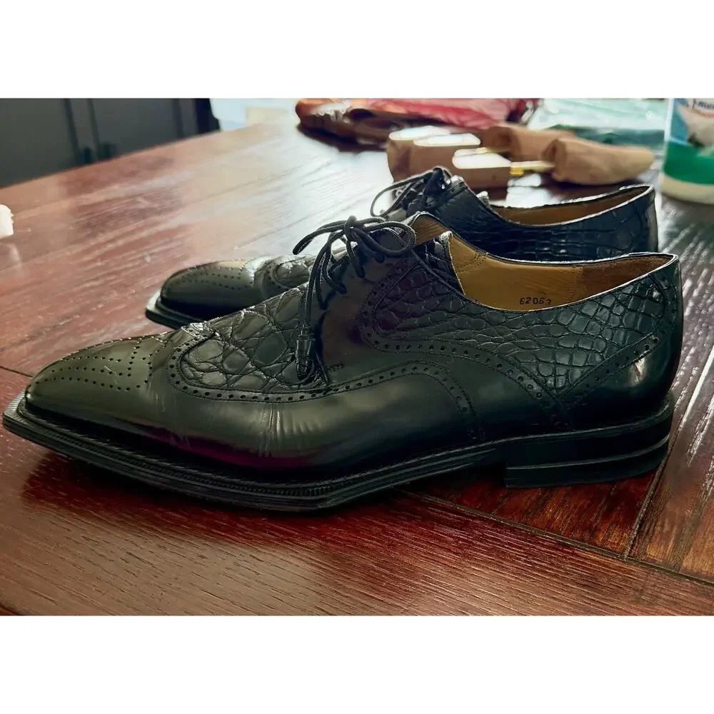 Mezlan Genuine Crocodile Leather Black Wingtip Square Toe Dress Shoes
